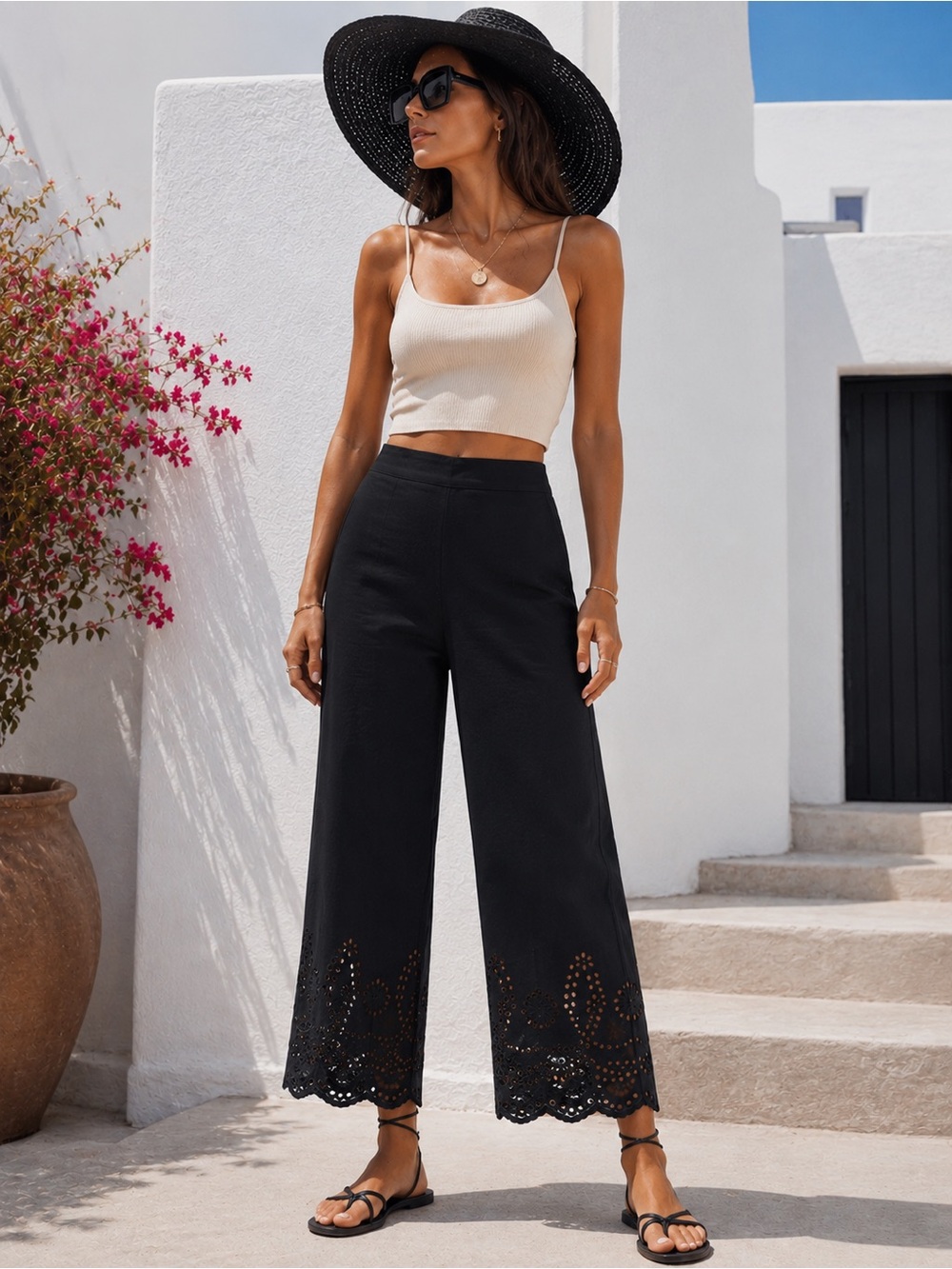Anne Carson Black Wide-Leg Eyelet-Hem cropped Pants silk linen blend Sz 12